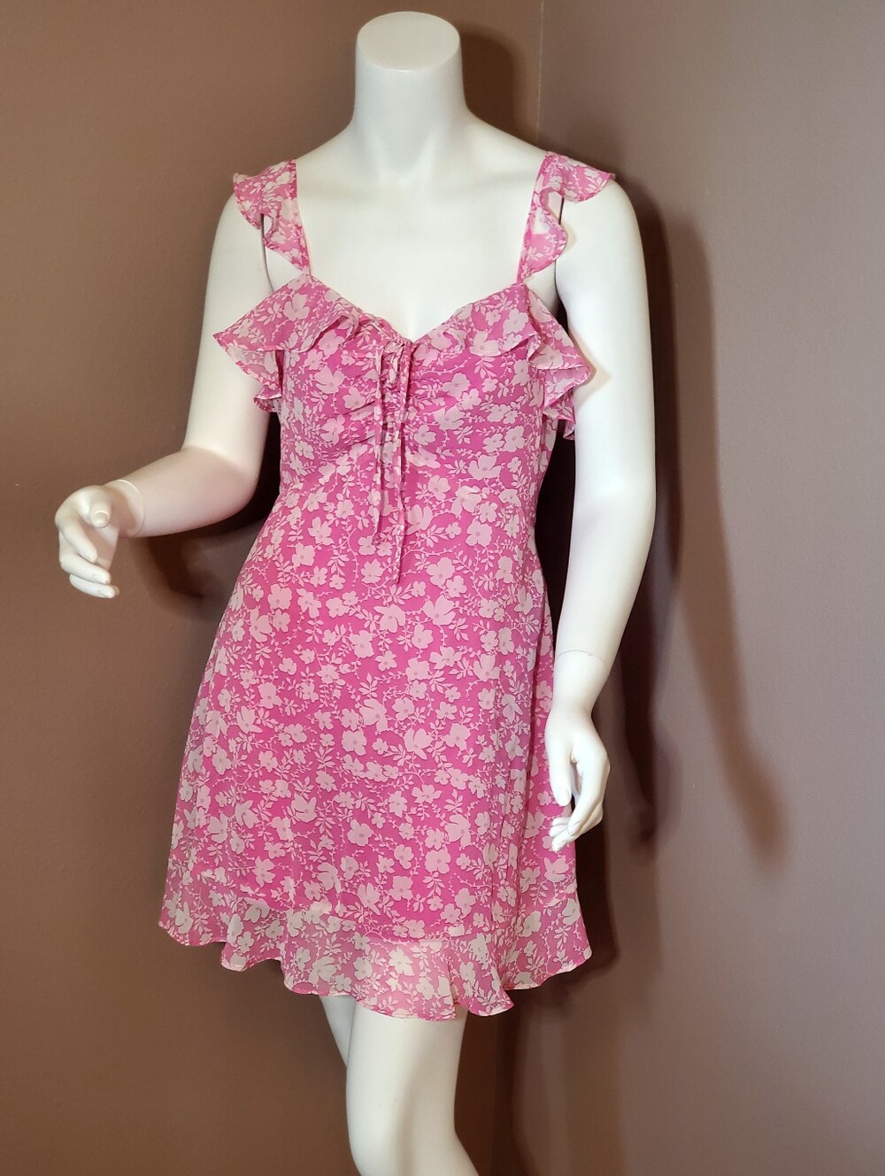 LULUS Livi Pink Floral Ruffled Skater Dress S